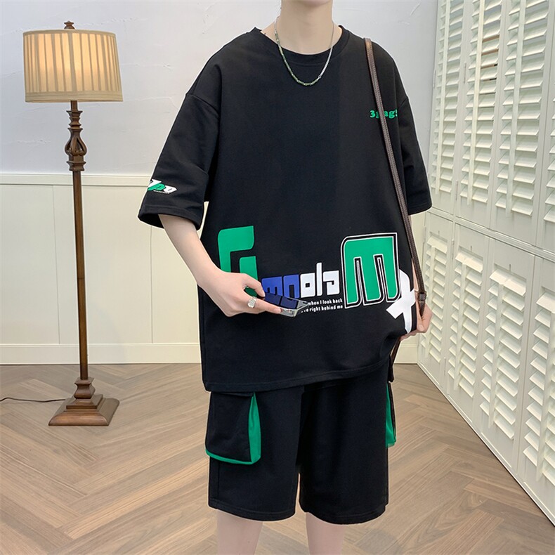 新款夏季短袖T恤工装裤短裤套装港风纯棉宽松潮男装DF320TP65，男装休闲套装，电商A086