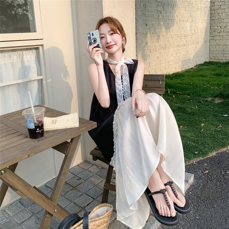法式网纱拼接黑色无袖背心连衣裙女夏2025新款超好看独特漂亮爆款,女装连衣裙,2C087