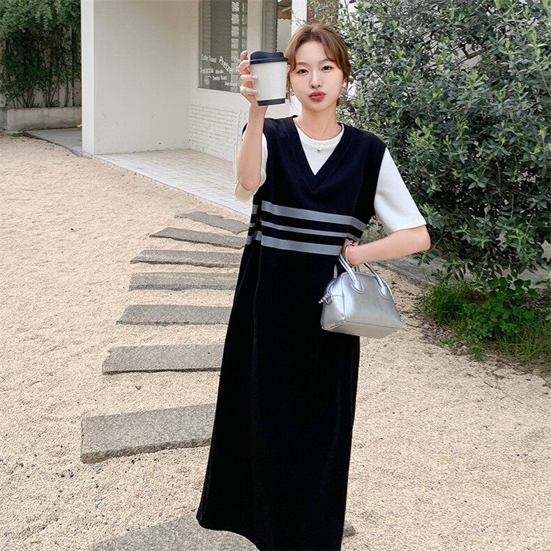 撞色拼接假两件连衣裙女2025年夏季新款宽松休闲小众独特淡人长裙,女装连衣裙,2D080