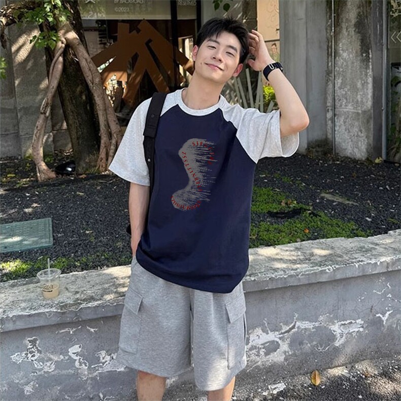抖音得物高品质二开240克宽松纯棉美式潮牌插肩袖拼接短袖T恤,男装T恤,电商A486-1