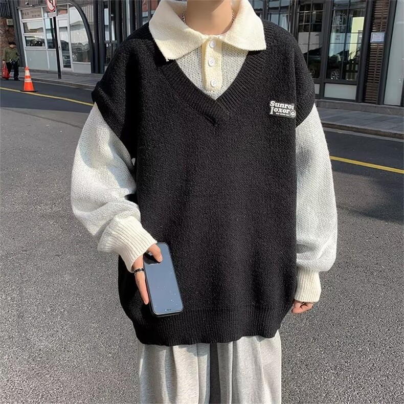 假两件polo领毛衣男学院风情侣针织衫潮宽松毛线衣外套M9141-p53,男装针织衫/毛衣,星座1008