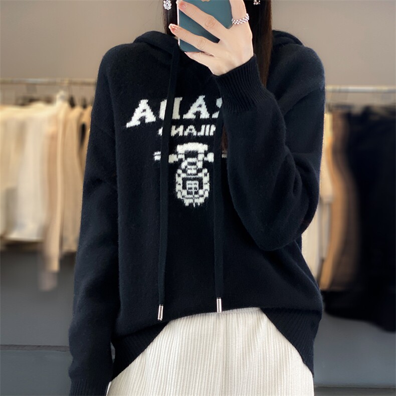 拼色连帽100%纯羊毛帽衫女23秋冬新款长袖针织毛衣宽松打底羊绒衫,女装羊毛衫,邦太羊绒