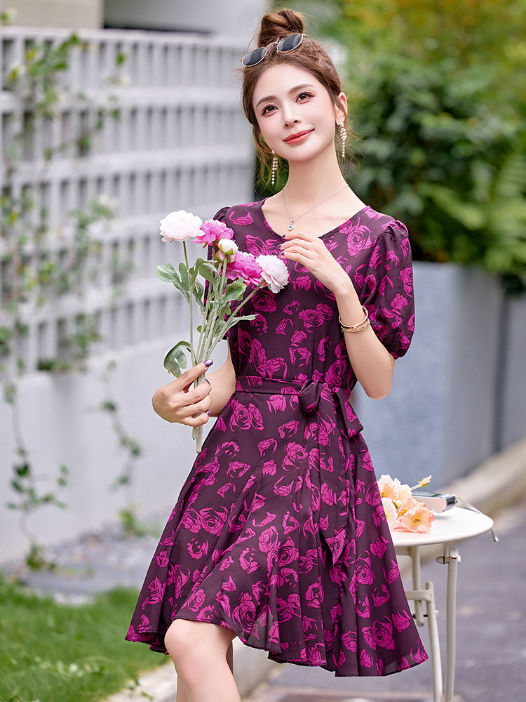 2025年夏季新款优雅气质印花修身连衣裙女,女装连衣裙,沁沁公主