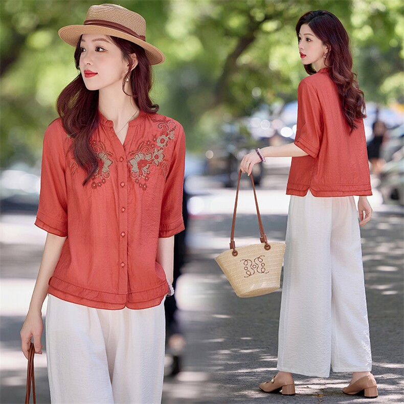 新中式刺绣棉麻套装女2025夏季洋气妈妈薄款衬衣小衫阔腿裤两件套，女装套装/套裙，魅影
