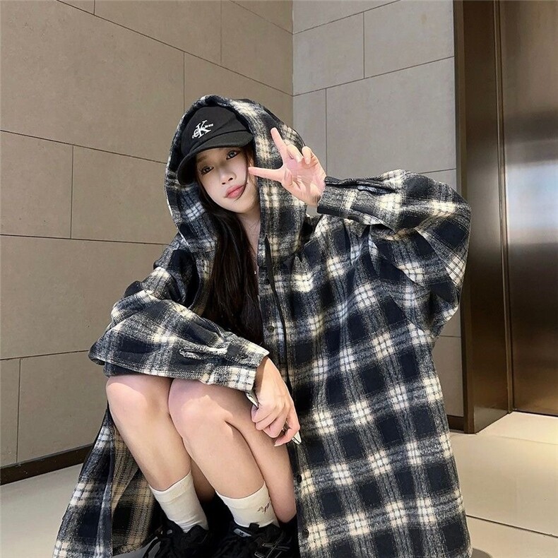 C144-P36港味格子连帽衬衫外套男女秋季2025年新宽松慵懒风,男装衬衫,电商B323A