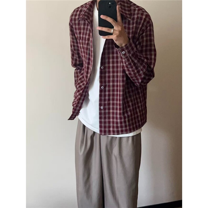 美式复古红色格子衬衫外套男女宽松衬衣休闲新款CS216-P51,男装衬衫,星座208-5