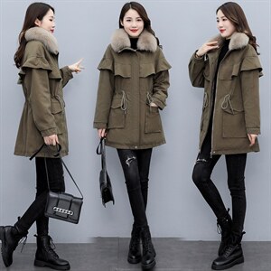 冬季修身长袖连帽百搭大真狐狸毛领加绒拉链收腰抽绳派克服女外套图片