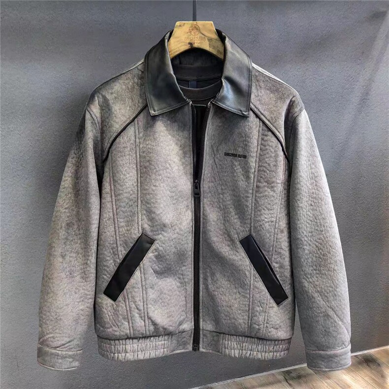 (网图)痞帅PU皮拼接外套潮牌撞色高级感外套上衣313B-8519-P155,女装短外套,星座313B