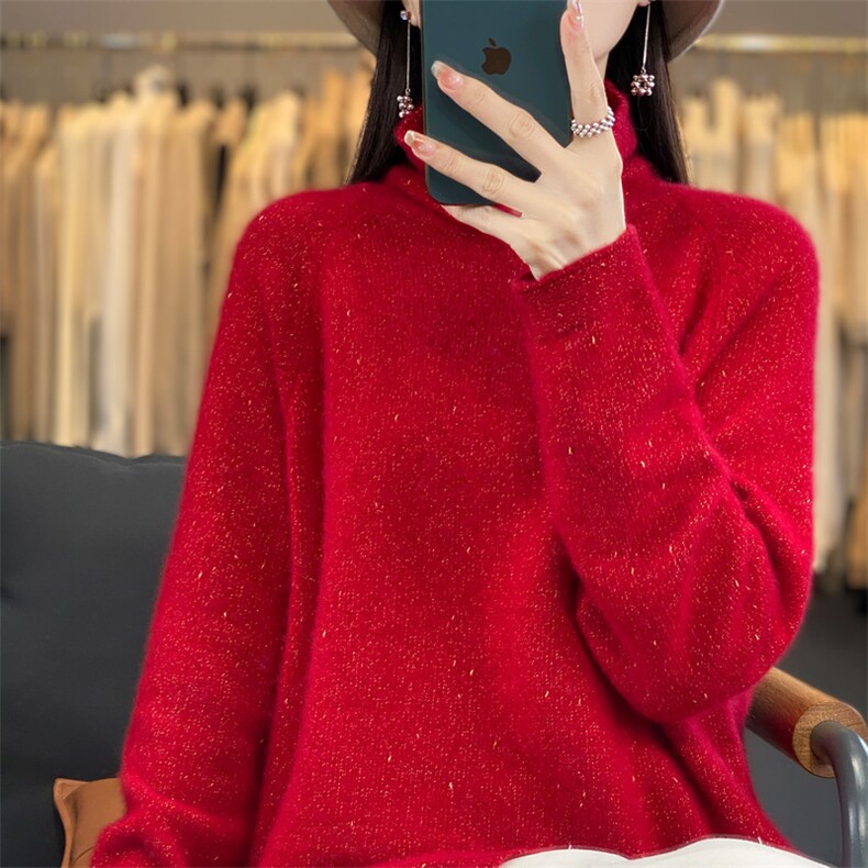 高领100%纯羊毛衫女中长款亮丝针织毛衣秋冬宽松慵懒风打底羊绒衫,女装羊毛衫,迅太羊绒