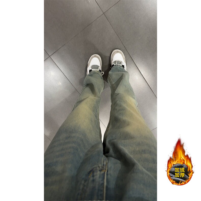 加绒加厚牛仔裤男秋冬季新款潮牌美式高街修身痞帅拖地微喇阔腿裤图片