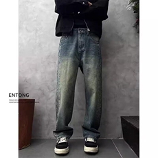 美式潮图腾牛仔裤男2025春季新款痞帅简约直筒裤，男装牛仔裤，星座506A