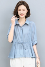 (新品)2024年夏季天丝T恤休闲宽松衬衫中老年妈妈装三年不下架，女装T恤，璐依舞