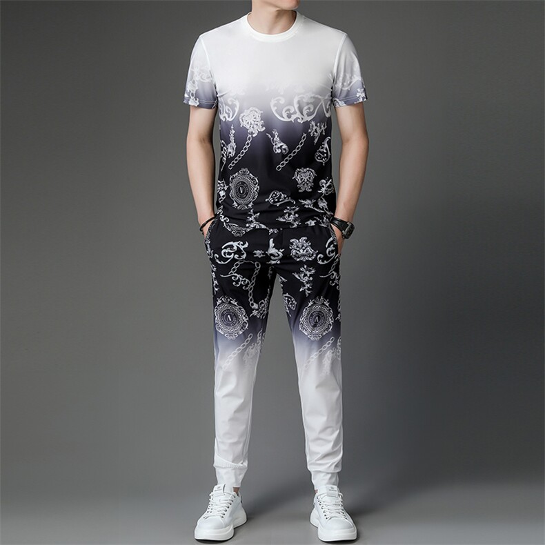 夏季男式短袖长裤透气两件套运动休闲圆领修身t恤套装，男装休闲套装，电商B360