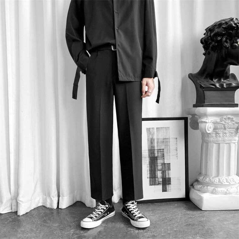 港风直筒休闲西裤男秋季韩版免烫坠感丝滑九分裤潮百搭X01/P45，男装西裤，电商D202-1