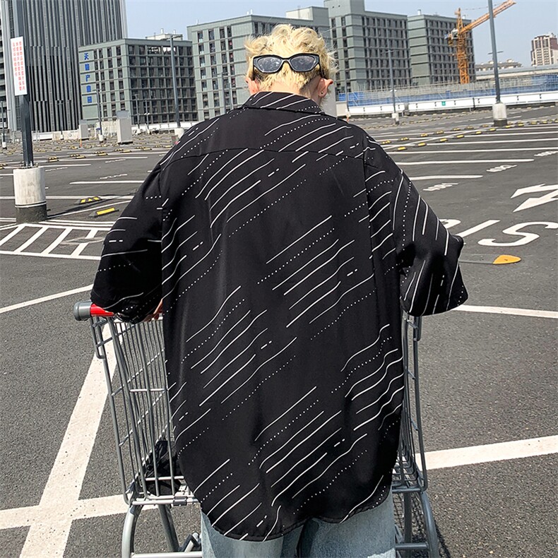 EQ407港风条纹夏季短袖衬衫男宽松版型冰丝衬衣P40,男装衬衫,电商C306-1