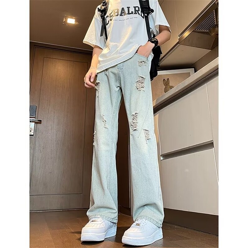 美式高街vibe破洞牛仔裤男夏季潮牌痞帅炸街显瘦微喇裤A1700-p45图片