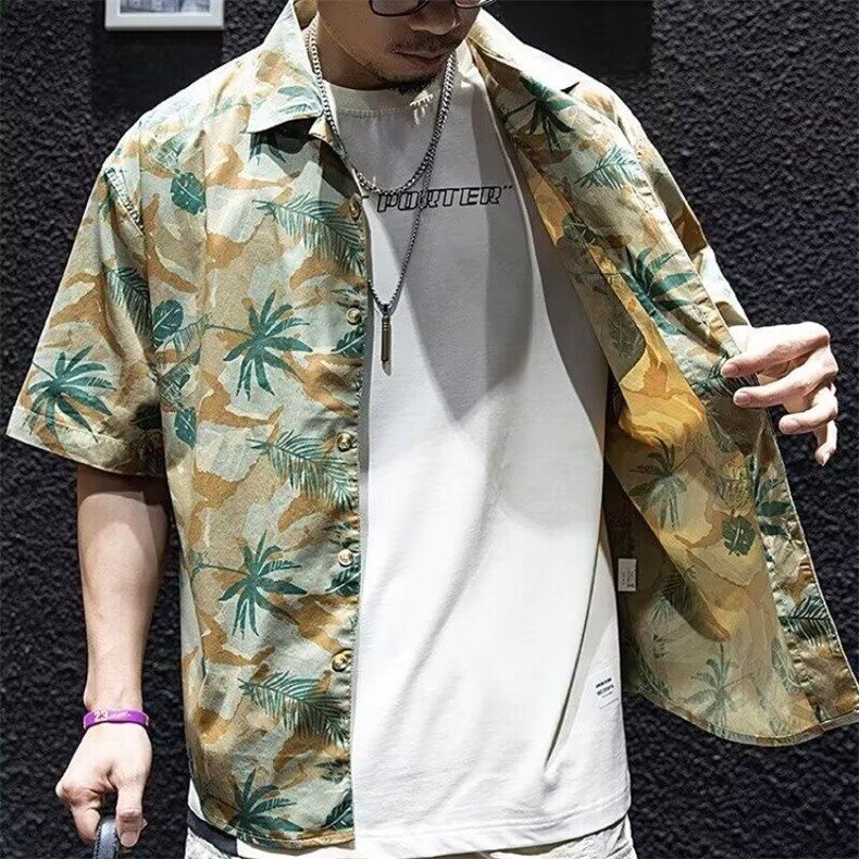 美式复古夏威夷衬衫短袖男夏宽松潮牌大码五分袖沙滩度假印花衬衣,男装衬衫,星座506A