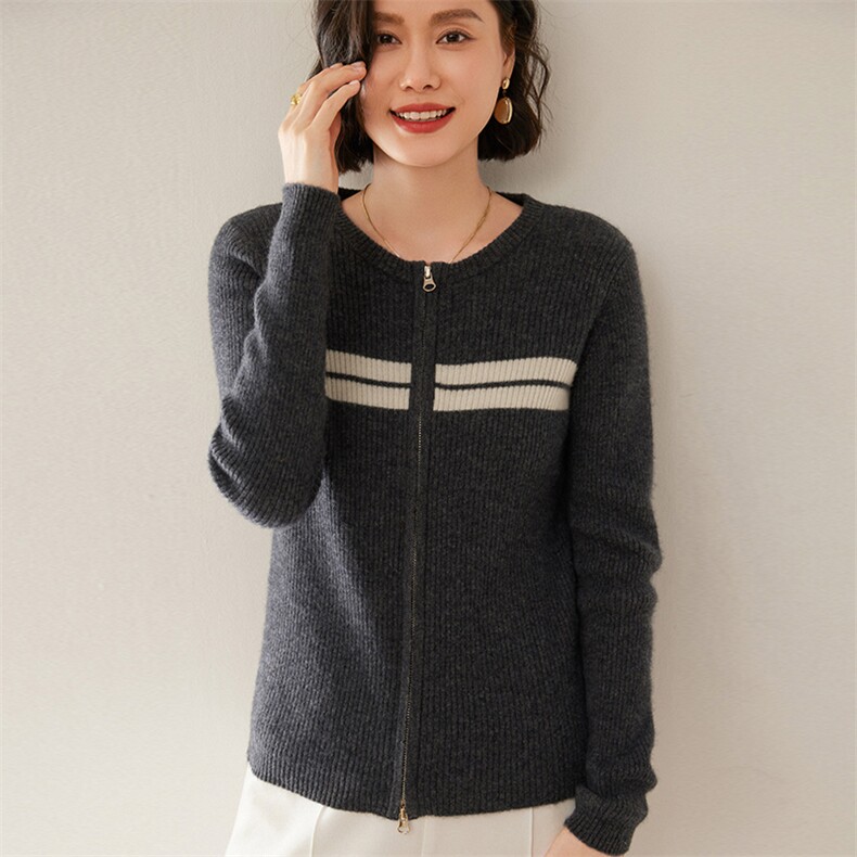 2024秋冬新款加厚羊绒开衫女士圆领时尚显瘦拼色毛衣针织羊毛外套，女装羊绒衫，尚达羊绒