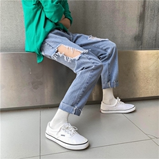 毛边大破洞裤宽松九分裤韩版潮流刮烂牛仔裤休闲乞丐裤N，男装牛仔裤，星座1008
