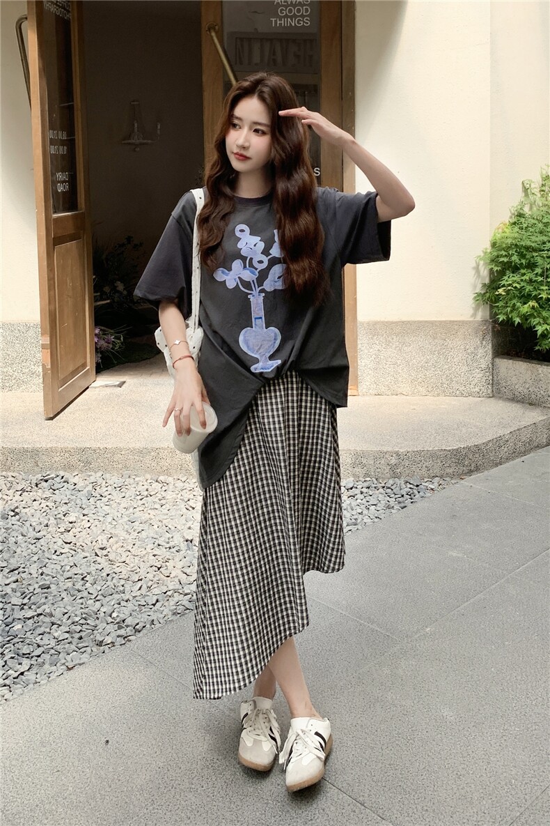 学院风休闲T恤格子半身裙套装女2025夏新款韩版宽松小个子两件套,女装连衣裙,2C201