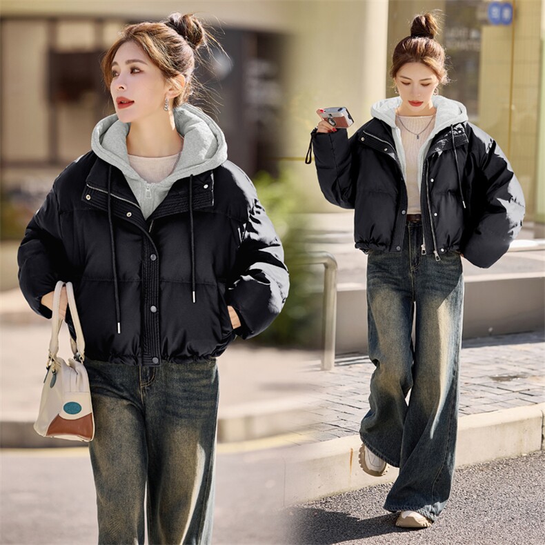 加厚PU皮羽绒服女宽松保暖小个子显高短外套新款蛋白皮免洗面包服,女装羽绒服,意芙