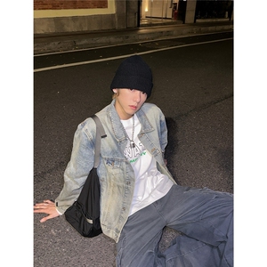 小众复古做旧短款牛仔外套男女同款渐变色翻领上衣图片