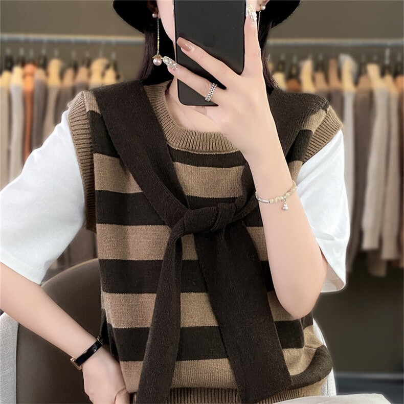 时尚女装条纹马甲披肩优雅百搭显瘦修身舒适仿羊毛材质适合春秋季节,女装马甲,暖姿羊绒