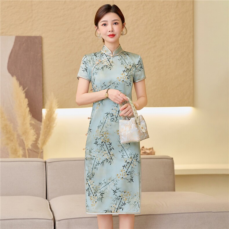 杭州品质真丝中长裙考试专用节节高女春夏日常修身潮流真丝旗袍,女装汉服/婚纱/旗袍/礼服,小荷流