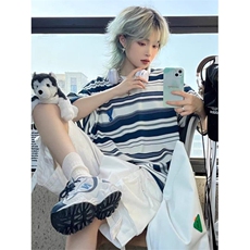 网络图现货美式慵懒风文艺流行潮流新款条纹短袖T恤JSK42-P25，男装T恤，星座715-7