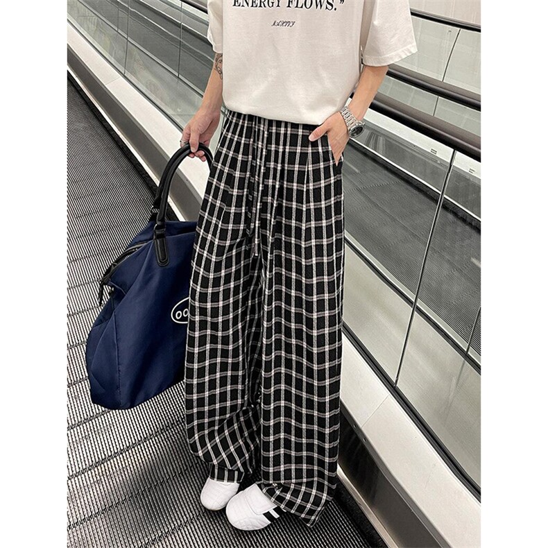 美式高街潮牌男女泡泡格子休闲裤直筒宽松慵懒显瘦阔腿休闲长裤子图片