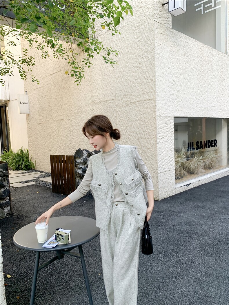 小香风流苏马甲阔腿裤套装女春秋法式气质优雅三件套,女装套装/套裙,2C269