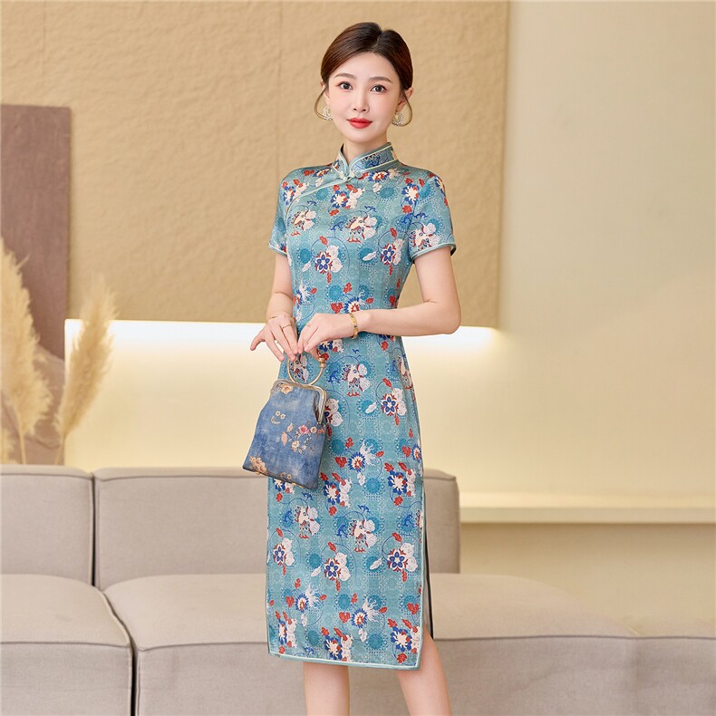 杭州品质真丝长裙复古印花连衣裙女春夏日常修身潮流真丝旗袍,女装汉服/婚纱/旗袍/礼服,小荷流