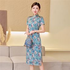 杭州品质真丝长裙复古印花连衣裙女春夏日常修身潮流真丝旗袍，女装汉服/婚纱/旗袍/礼服，小荷流