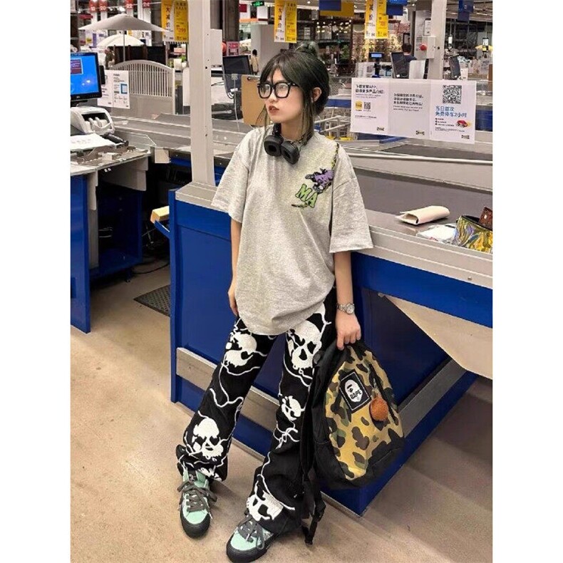 夏季新款港风美式潮流百搭卡通印花慵懒风圆领短袖T恤 ZX463-P28图片