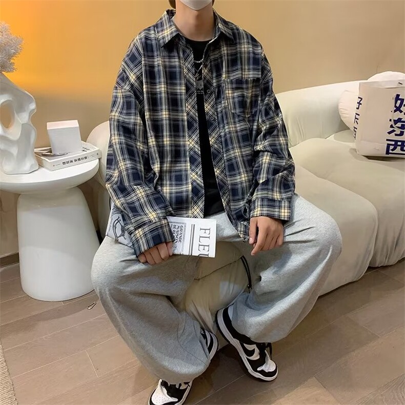 慵懒长袖秋季潮流简约衬衫日系格子男标准潮日常新款ins时尚都市,男装衬衫,星座813-2