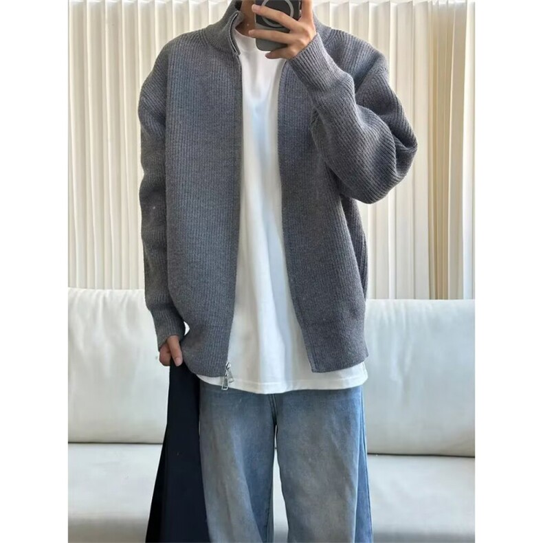 日系纯色加厚针织开衫拉链毛衣男女潮流立领毛衫513AMY2526P50,男装针织衫/毛衣,星座513A