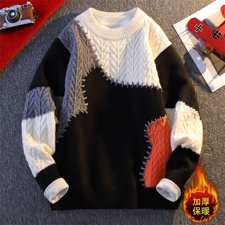 加绒加厚套头针织衫撞色宽松休闲拼接圆领毛衣ZB7118JR-特价P60图片