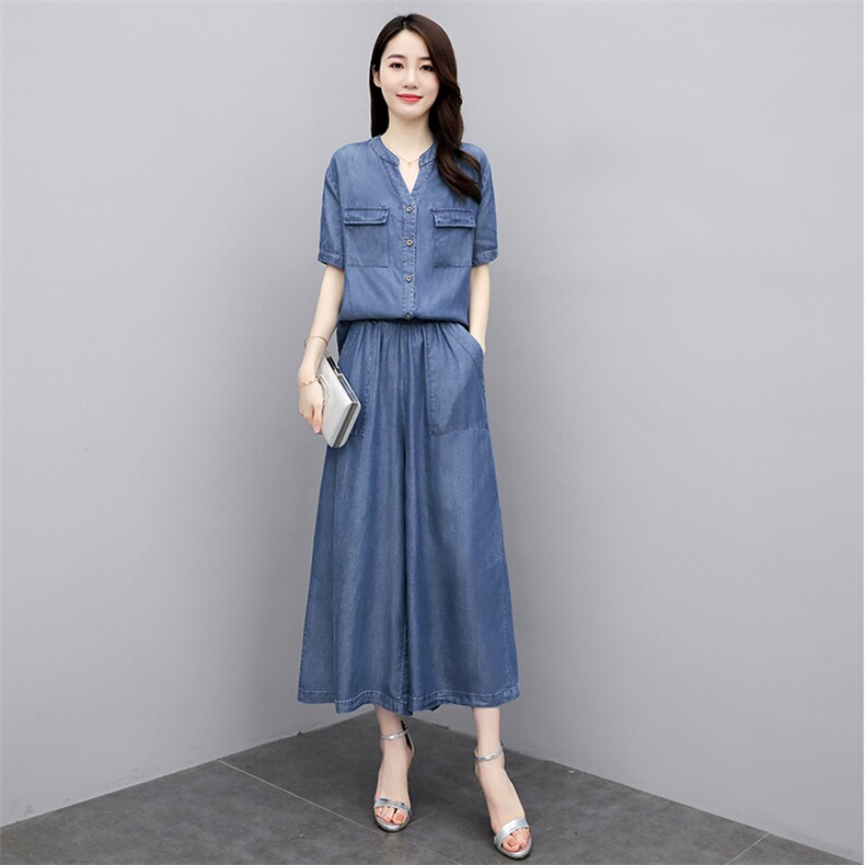 天丝牛仔套装女夏季2025新款时尚减龄遮肚子显瘦薄款阔腿裤两件套,女装套装/套裙,魅影