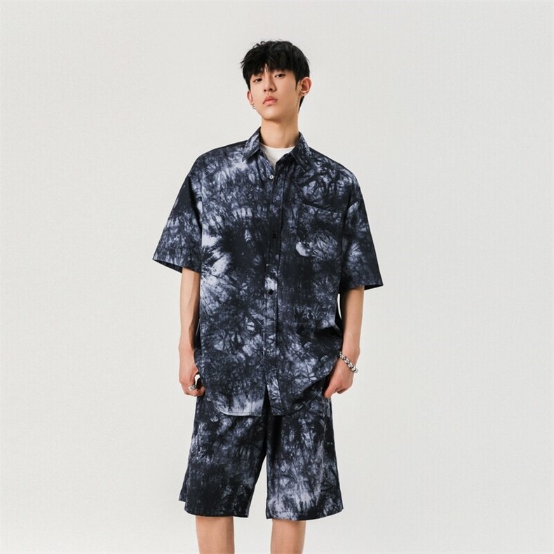 做旧扎染短袖衬衫短裤夏季新款宽松休闲套装A406TZ5050特P65,男装牛仔裤,星座309（原A406）