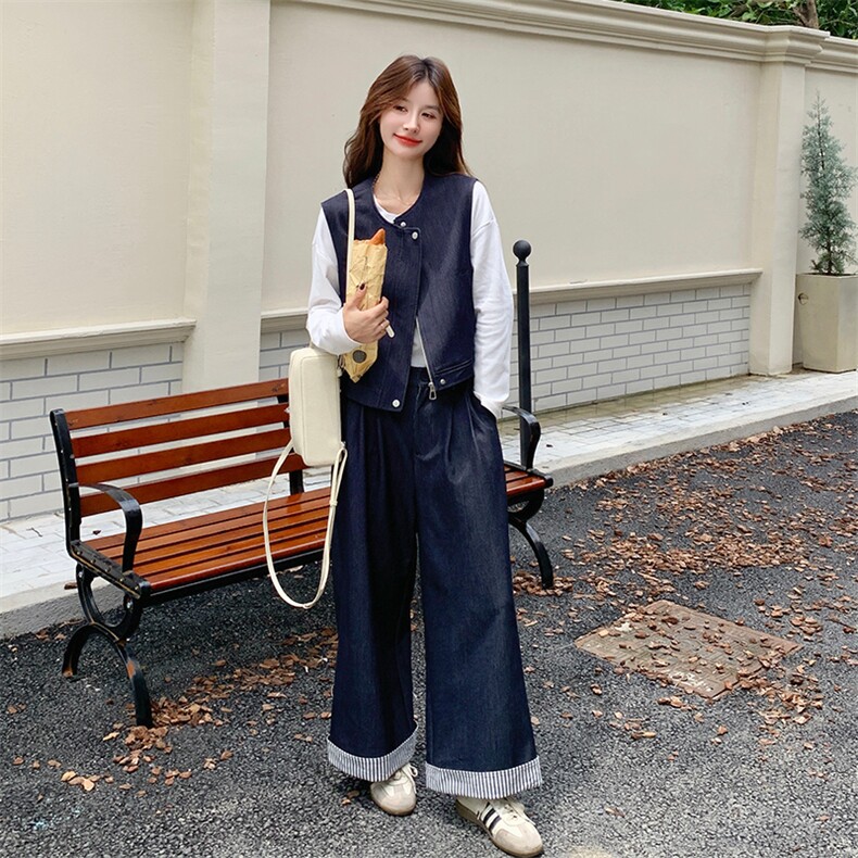 韩系松弛感套装女2025年秋季新款复古设计感马甲休闲阔腿裤两件套，女装运动套装，浙宝285（原212）