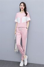 2021夏季新款简约时尚优雅气质圆领拼色松紧裤腰休闲两件套，女装套装/套裙，曼娅璐