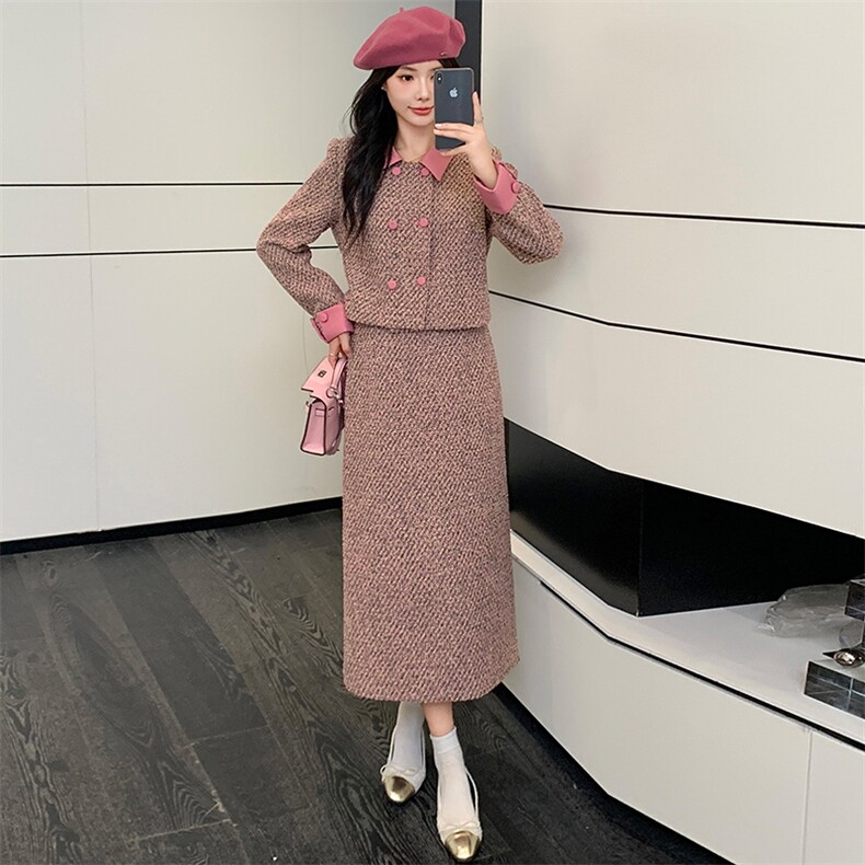 2024年秋冬季新款法式时尚小香风套装长裙两件套含15毛,女装套装/套裙,超帛