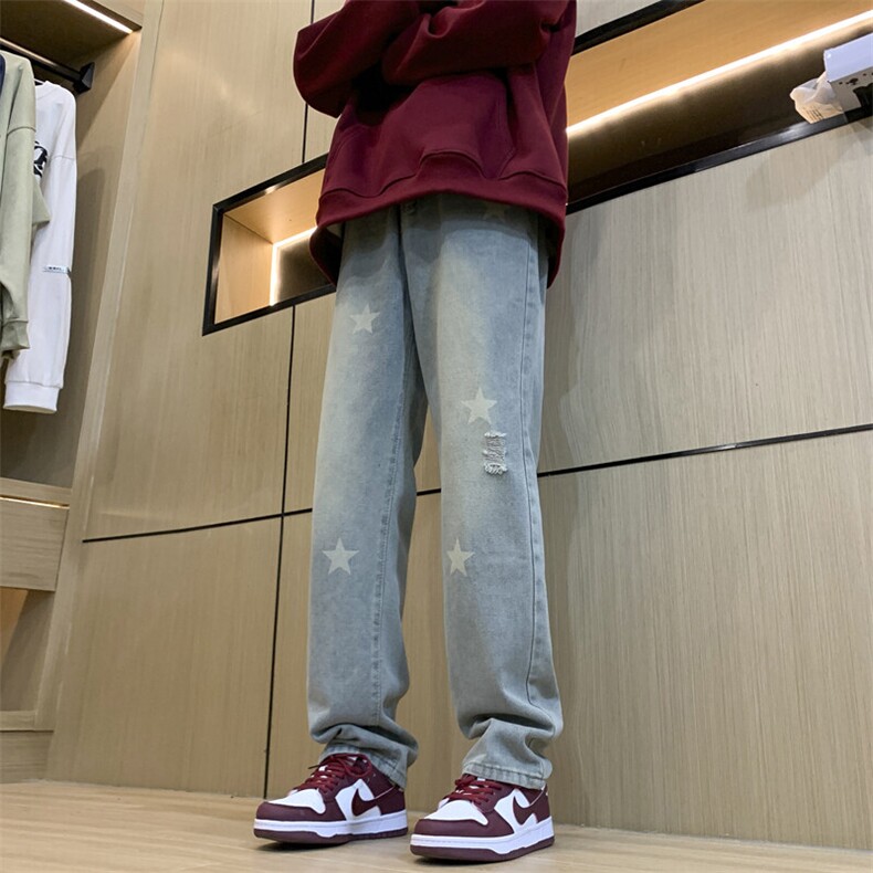 美式hiphop纯色星星装饰修身直筒牛仔裤,男装牛仔裤,星座310A-4