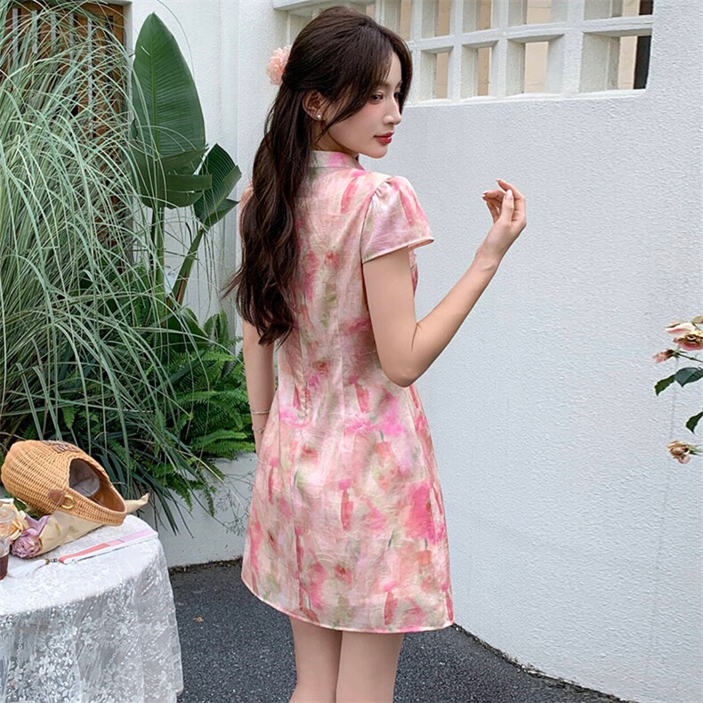 新中式g风改良旗袍套装女2026夏季新款洋气修身印花短裤两件套,女装套装/套裙,超帛