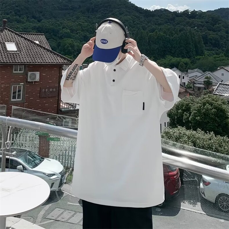 文艺男2024夏季卫衣标准日系新款五分袖潮流POLO衫纯色WB029-P31图片