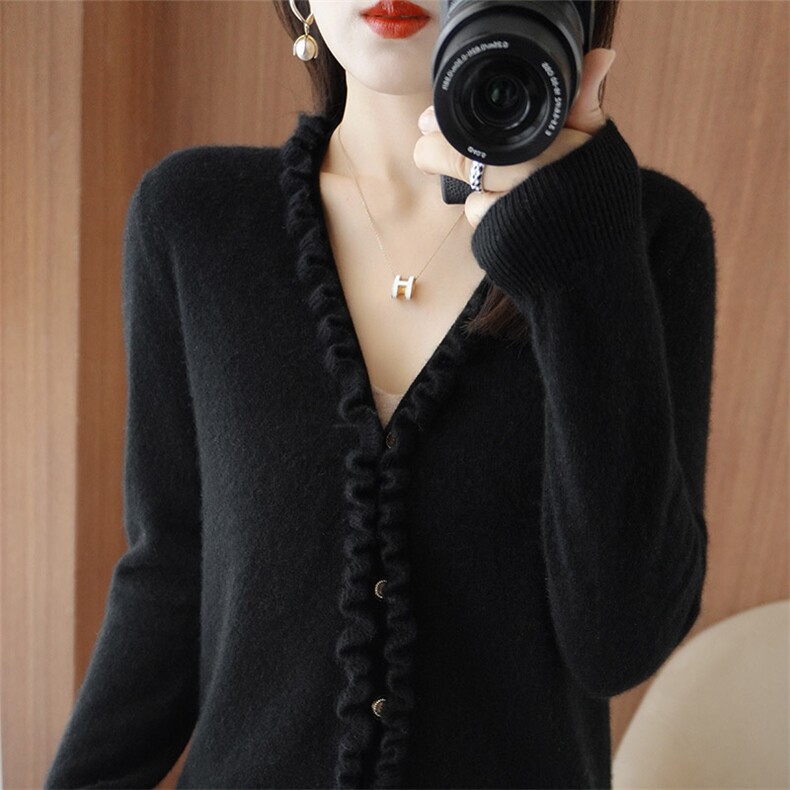 羊毛开衫女秋冬新款V领时尚百搭毛衣设计感打底针织衫，女装羊毛衫，秋虹羊绒