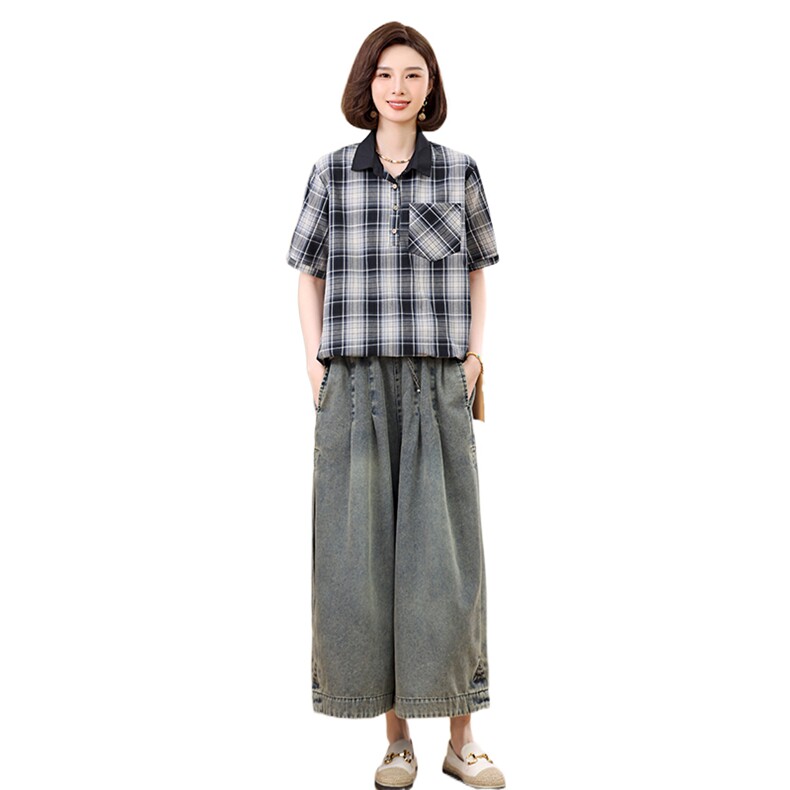叶笙衣套装2519-127领格子衬衣牛仔裤套装,女装套装/套裙,叶笙衣
