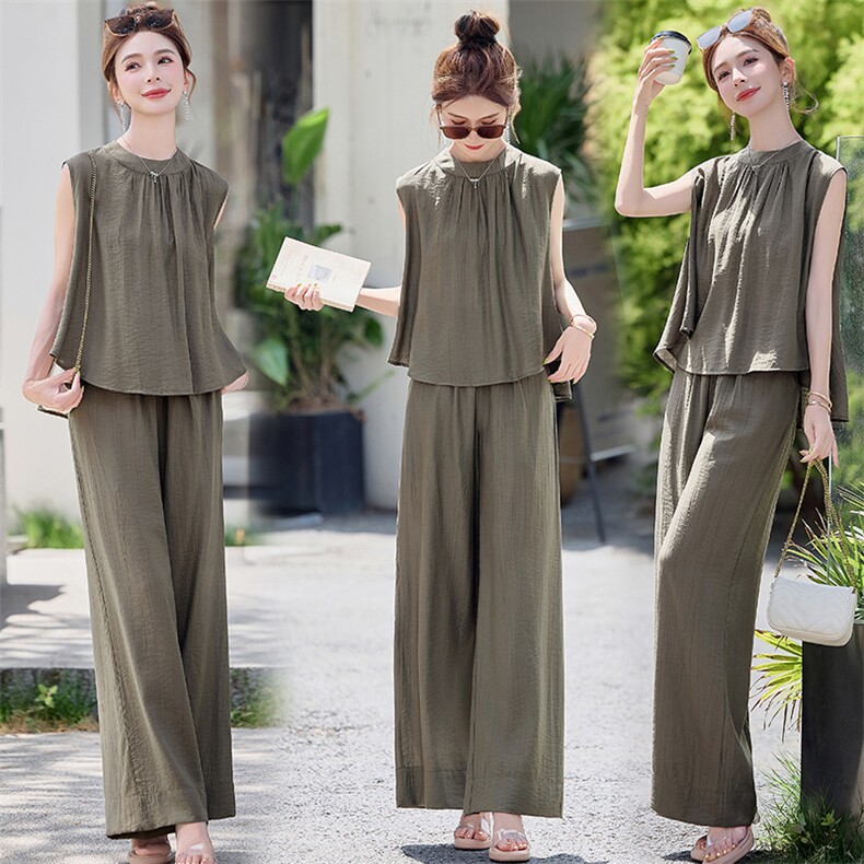 2025夏季新款时尚套装女高级感韩气无袖上衣高腰显瘦阔腿裤两件套，女装套装/套裙，布依丽人