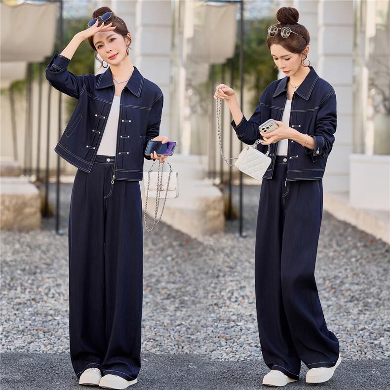 （新款现货）2026春装时尚休闲拉链天丝牛仔阔腿裤套装（两件套），女装套装/套裙，印象茜