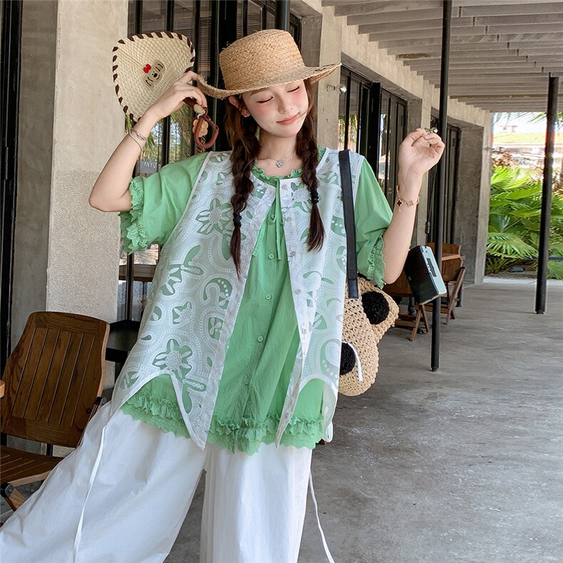 温柔风不规则蕾丝罩衫木耳边衬衣套装女夏季2025新款阔腿裤三件套，女装套装/套裙，含赞